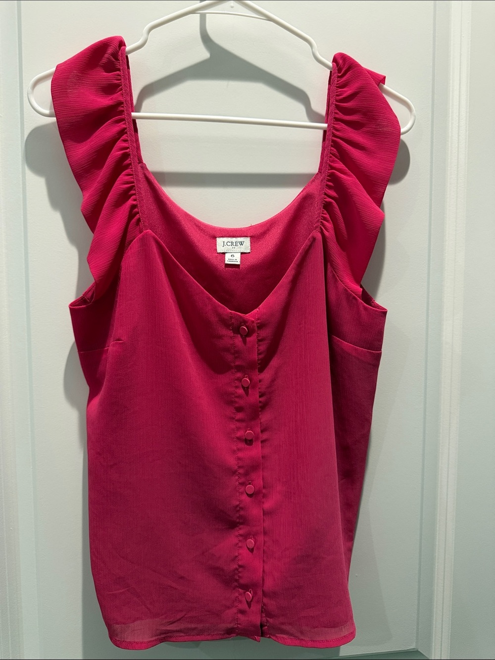 J. Crew Hot Pink Ruffle-Shoulder Button-Front Tank